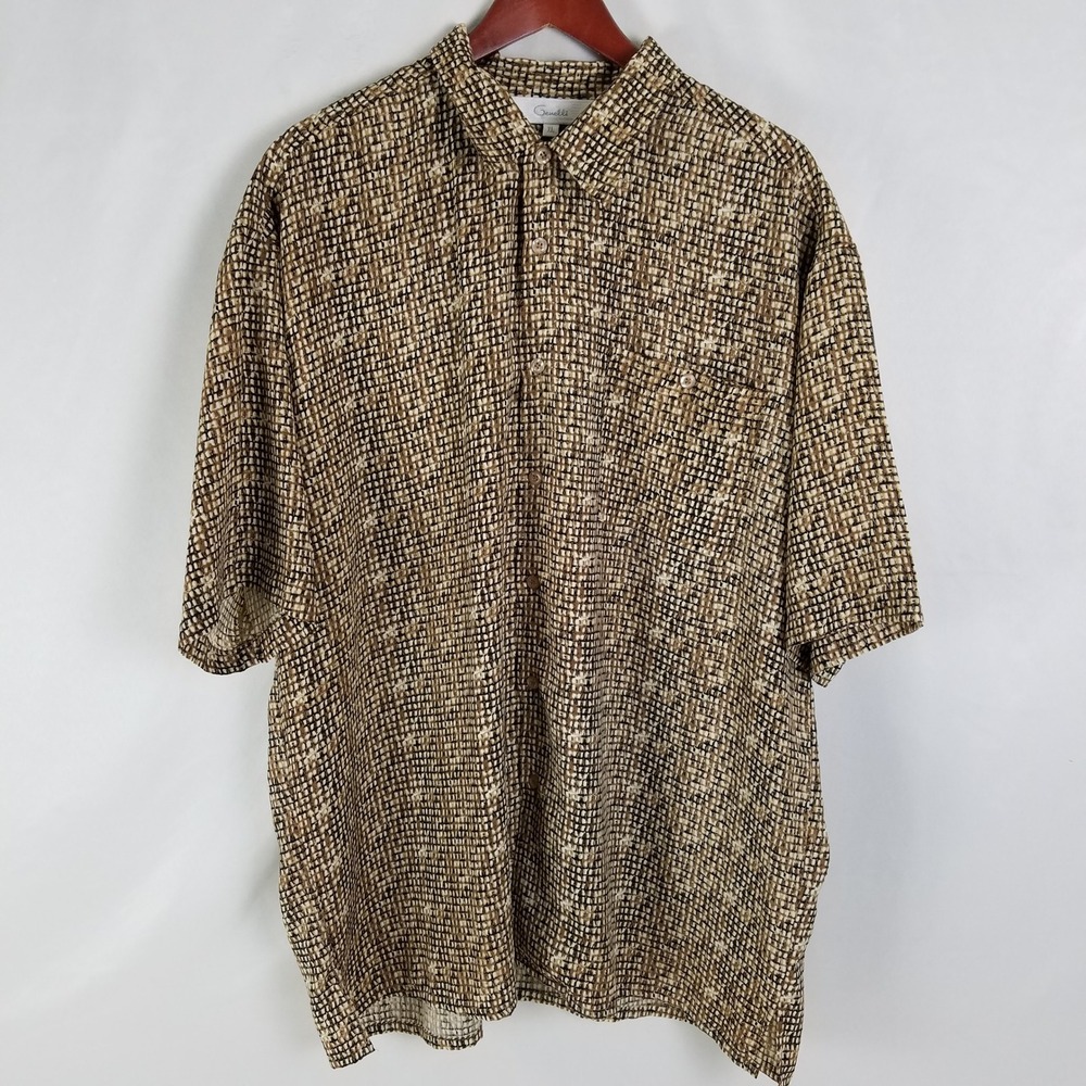 Vintage Genelli Mens XL‎ Brown Black Abstract Short Sleeve Button Up Shirt Rayon